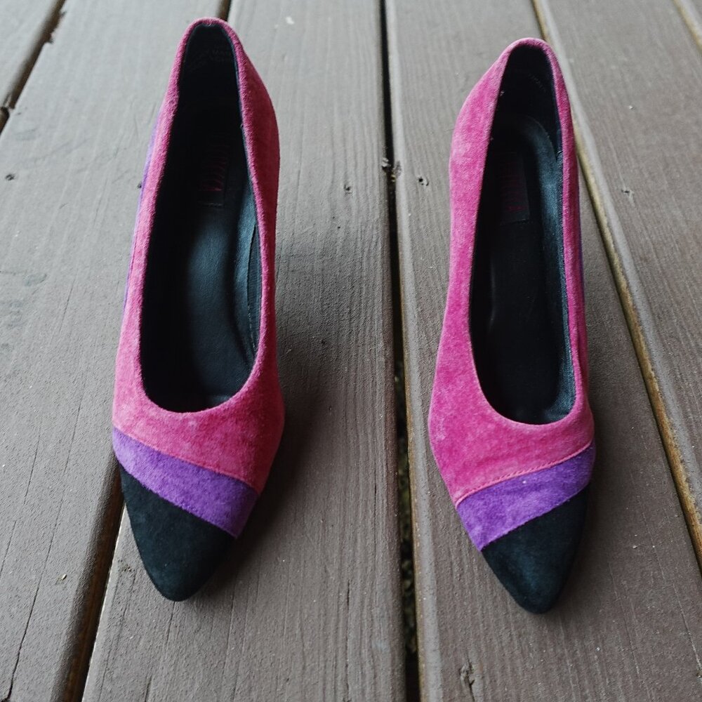 Connie Selecca- Suede 80s 90s Colorblock Pump Heel - Purple Pink Size 8 M